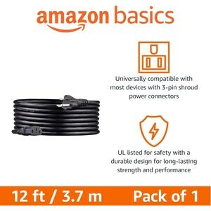 Amazon Basics Computer Power Cord 12ft Black 3 Prong PC Monitor Cable NEW Box